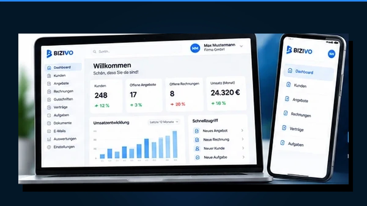 BIZIVO Unternehmenssoftware auf Desktop und Smartphone